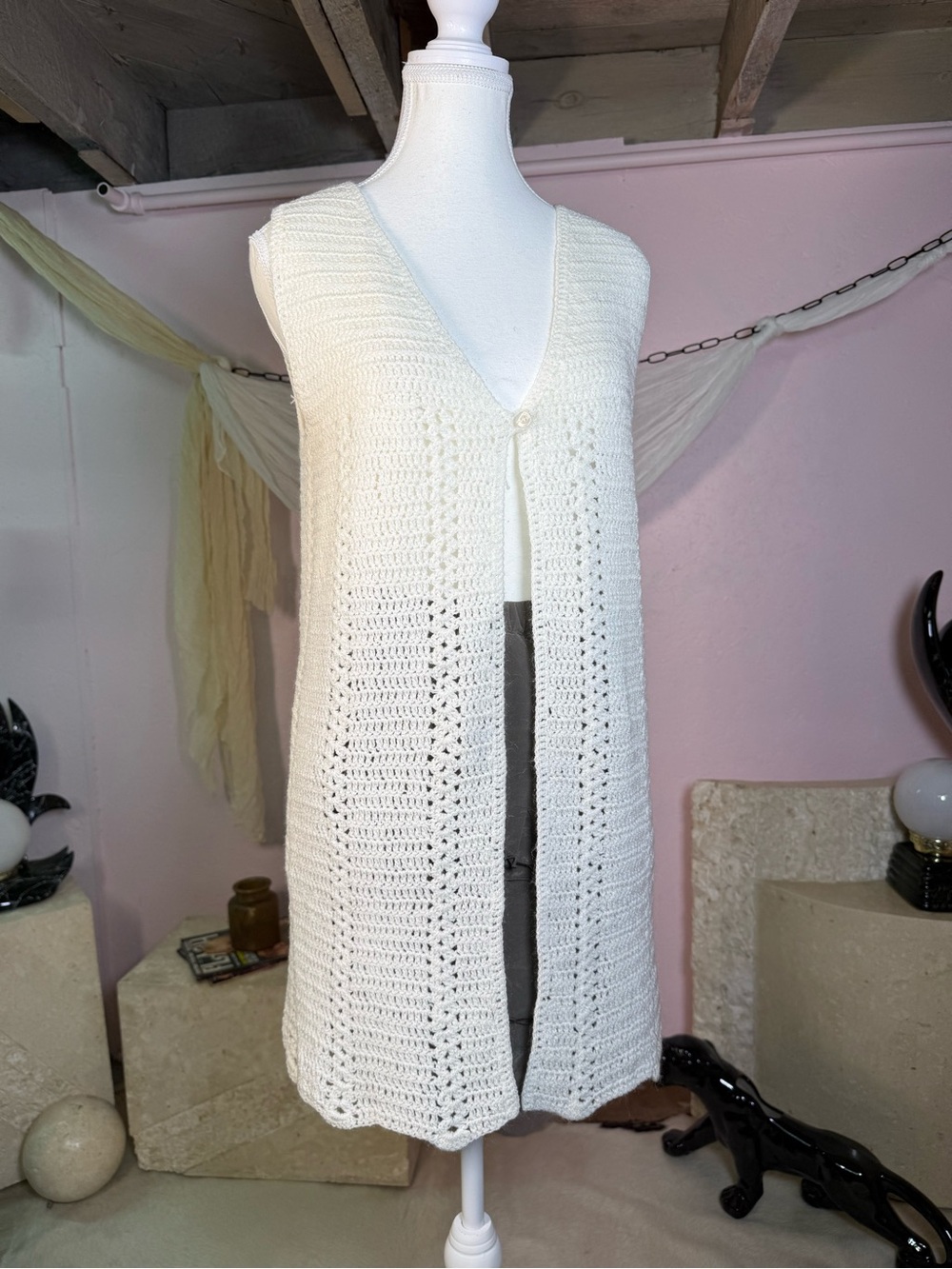 Handmade Cream Crochet Long Vest Size Large Boho 70s Cottagecore